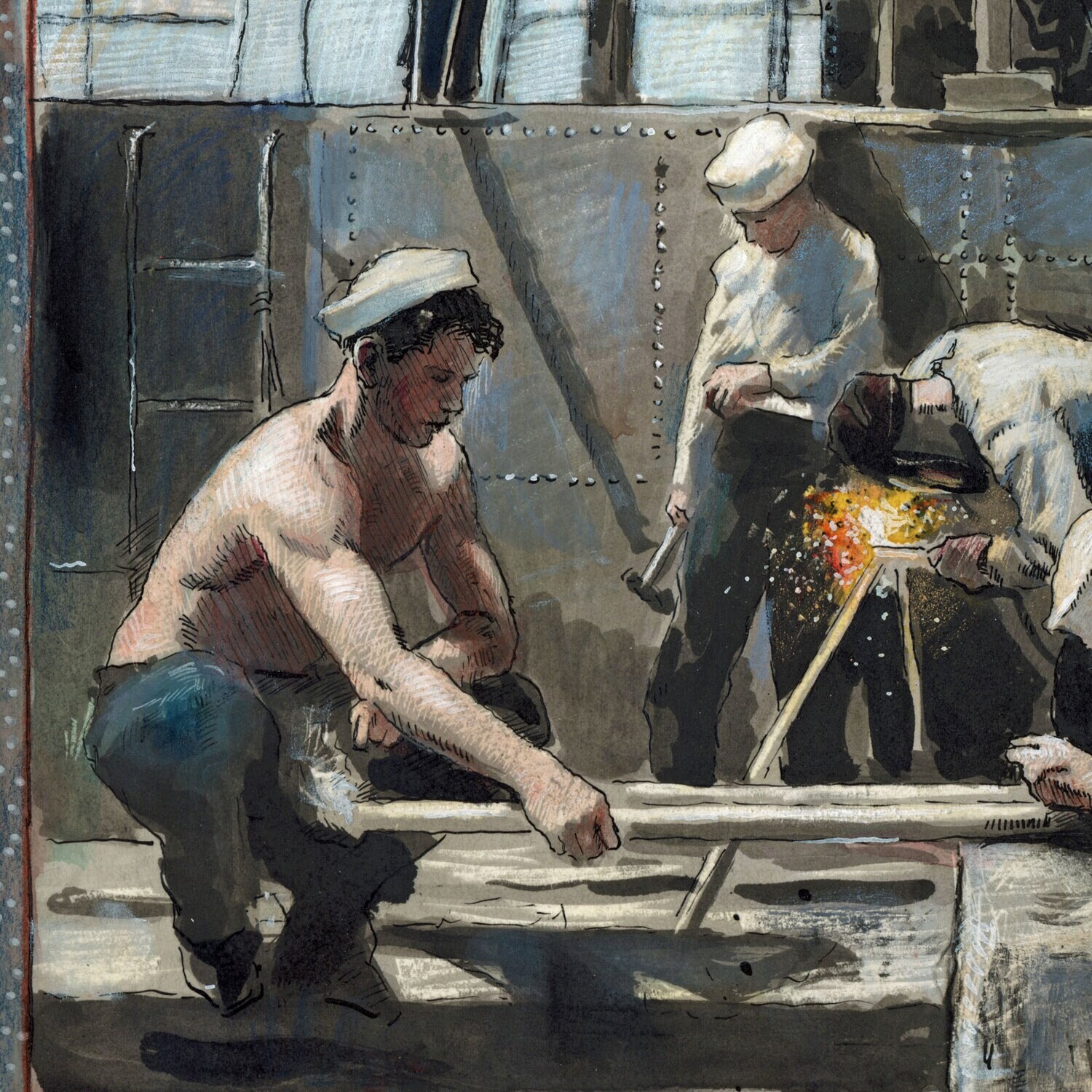 Sailors Work on a Submarine, after a 1945 Photo | Original Work on Paper