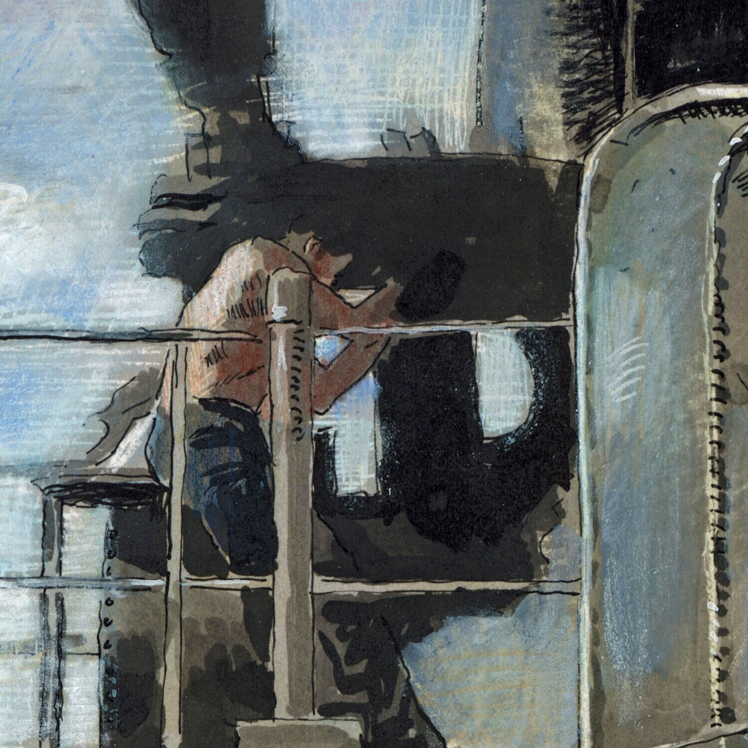Sailors Work on a Submarine, after a 1945 Photo | Original Work on Paper