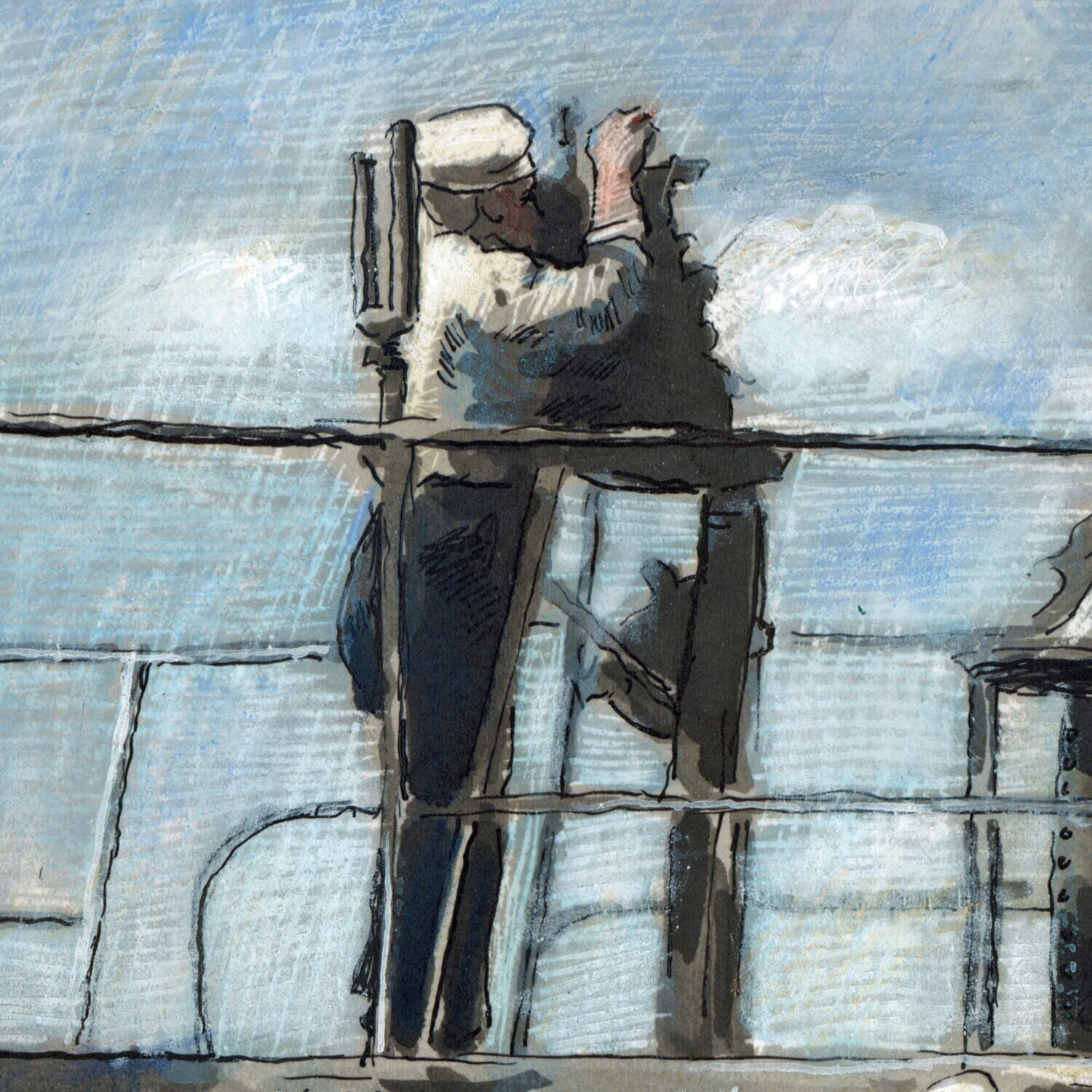 Sailors Work on a Submarine, after a 1945 Photo | Original Work on Paper