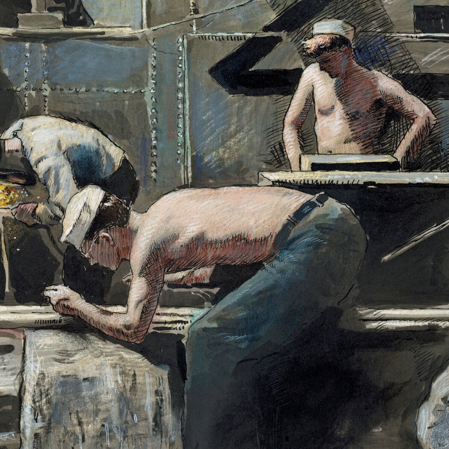 Sailors Work on a Submarine, after a 1945 Photo | Original Work on Paper