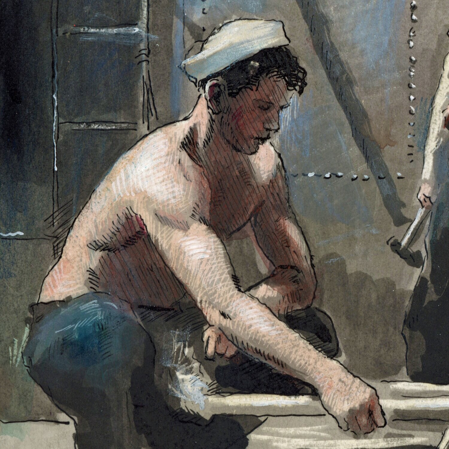 Sailors Work on a Submarine, after a 1945 Photo | Original Work on Paper