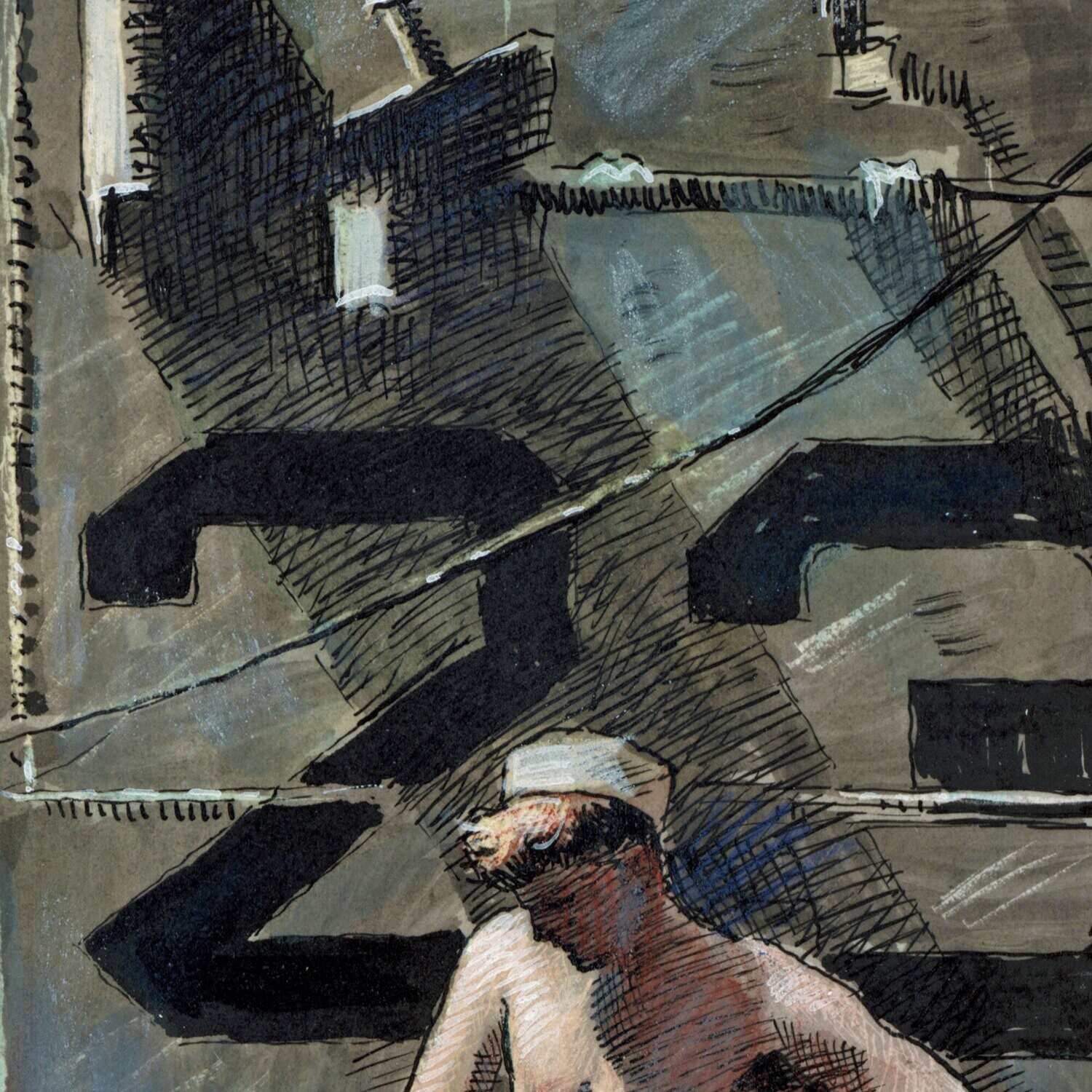 Sailors Work on a Submarine, after a 1945 Photo | Original Work on Paper