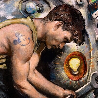"The Hard-Working Artist Has a Bright Idea" Original Painting on Palette