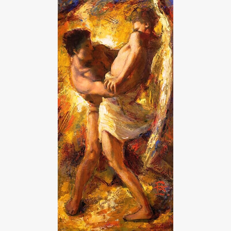 "Jacob Wrestling the Angel" Original Painting on Panel