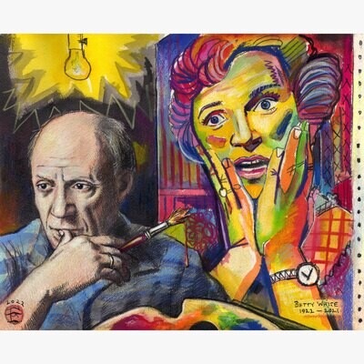 &quot;Oh, No! I Dreamed I Met Picasso, and He Was Painting Betty White&#39;s Portrait&quot; Original Work on Paper