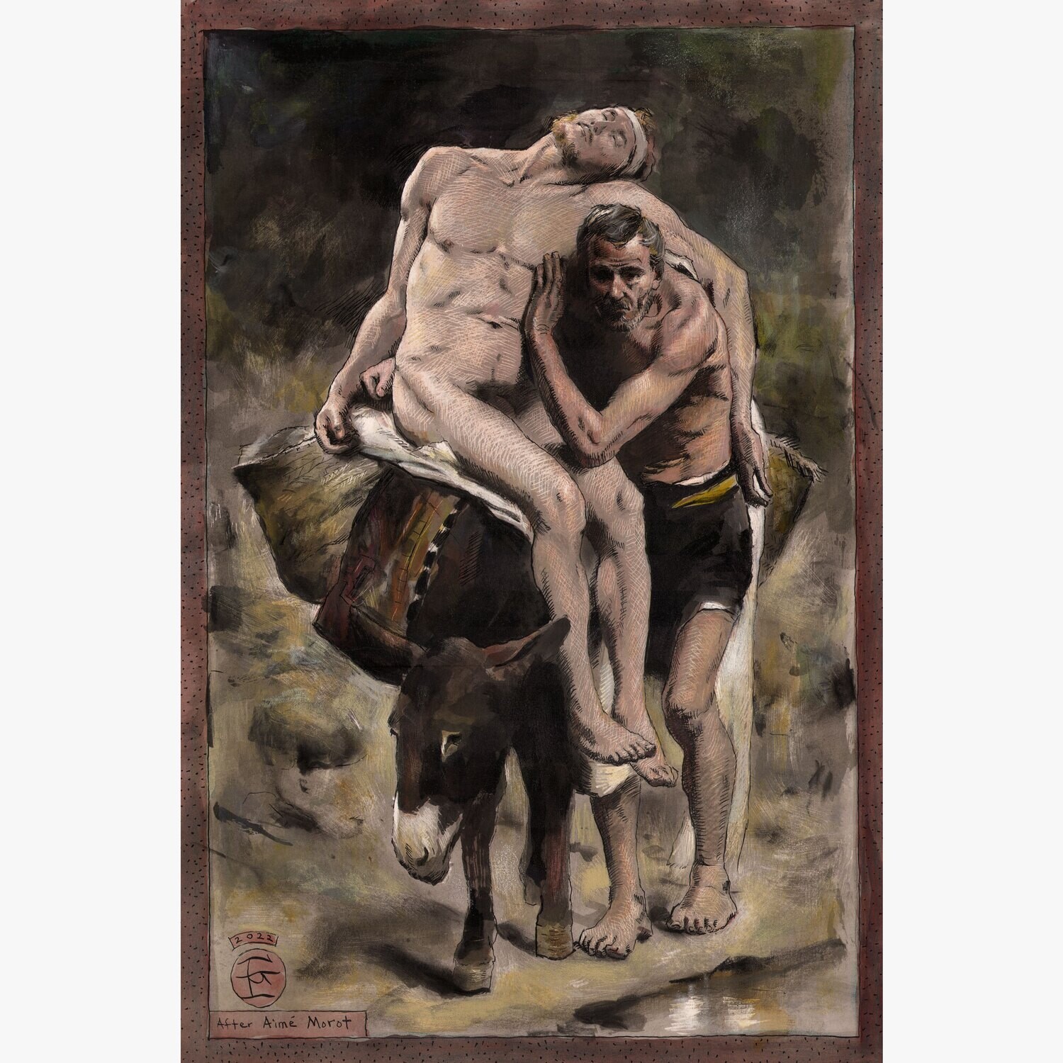 "The Good Samaritan (after Morot)" Original Mixed-Media Work on Paper | Free Shipping Worldwide