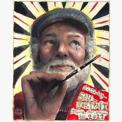 "Birthday Self-Portrait Trying to Smile in 2022" Original Work on Paper