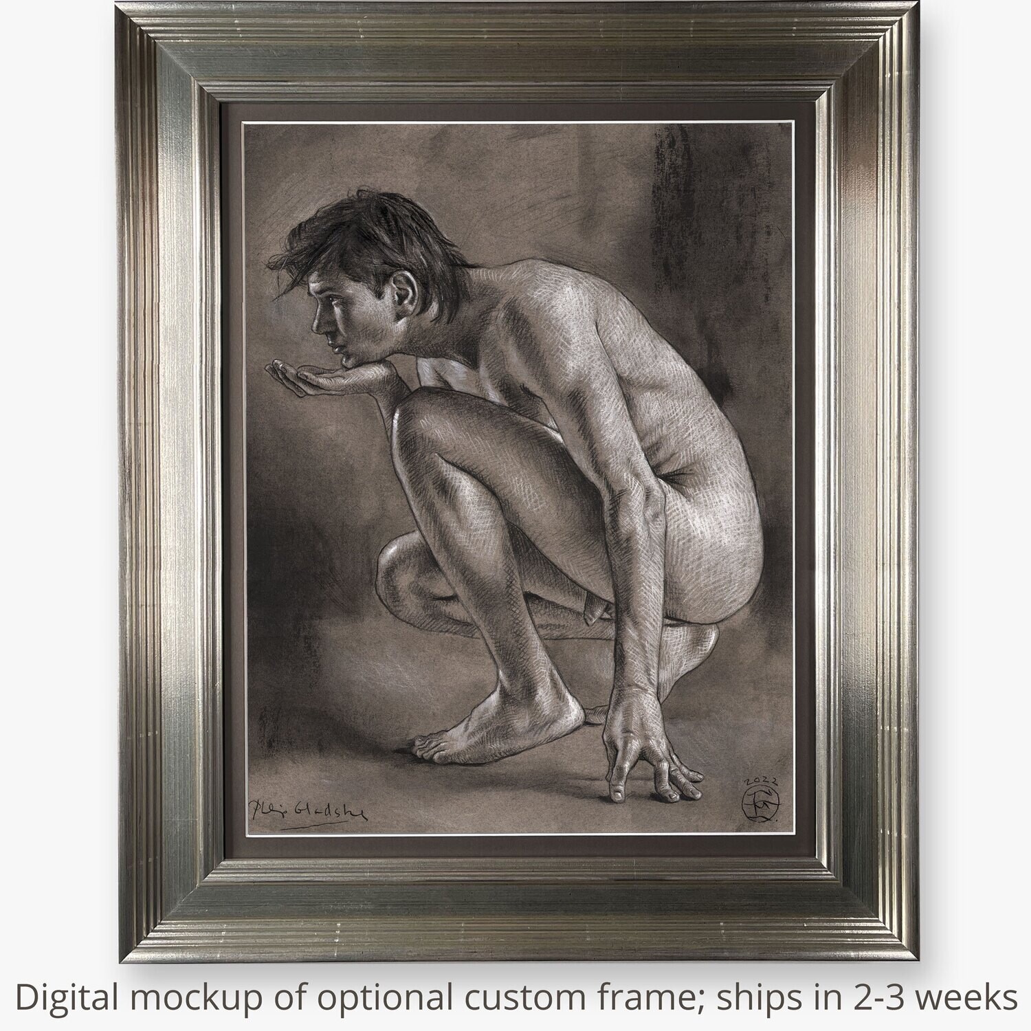 "The Thinker" Original Charcoal Drawing with Optional Frame | Free Shipping Worldwide