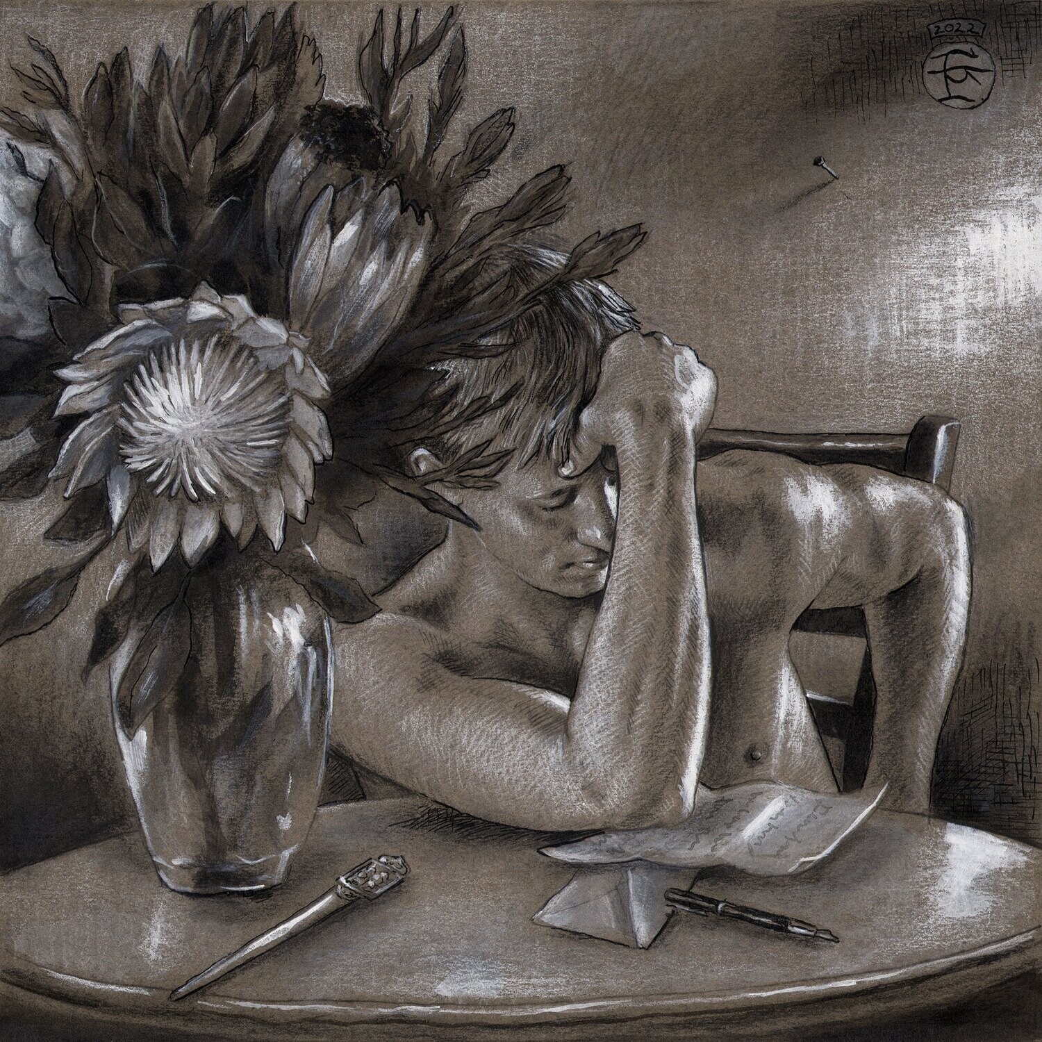 "The Letter" Original Charcoal Drawing | Frame Option | Free Shipping Worldwide, Framed or unframed?: Unframed (ships immediately)