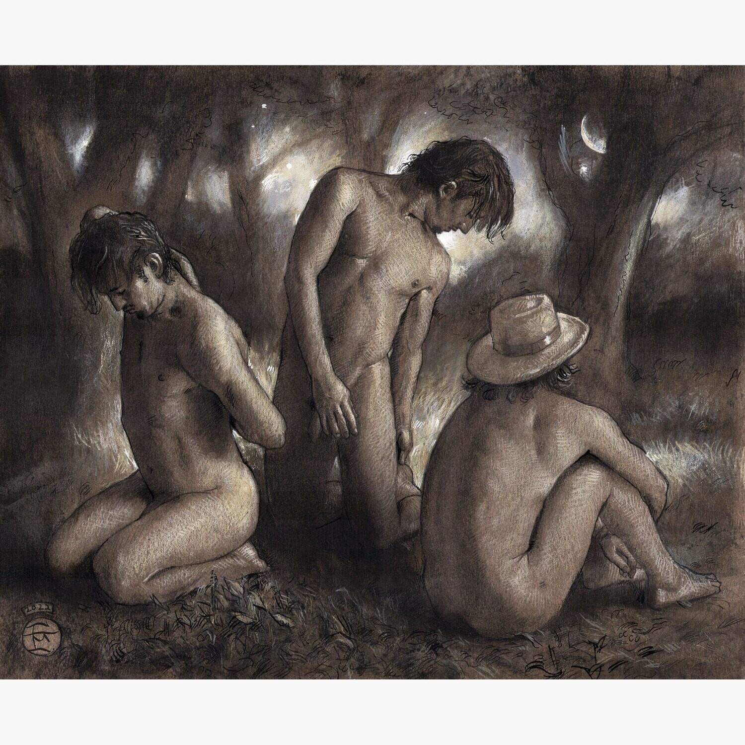 "Bathers" Original Mixed-Media Drawing with Framing Option | Free Shipping Worldwide