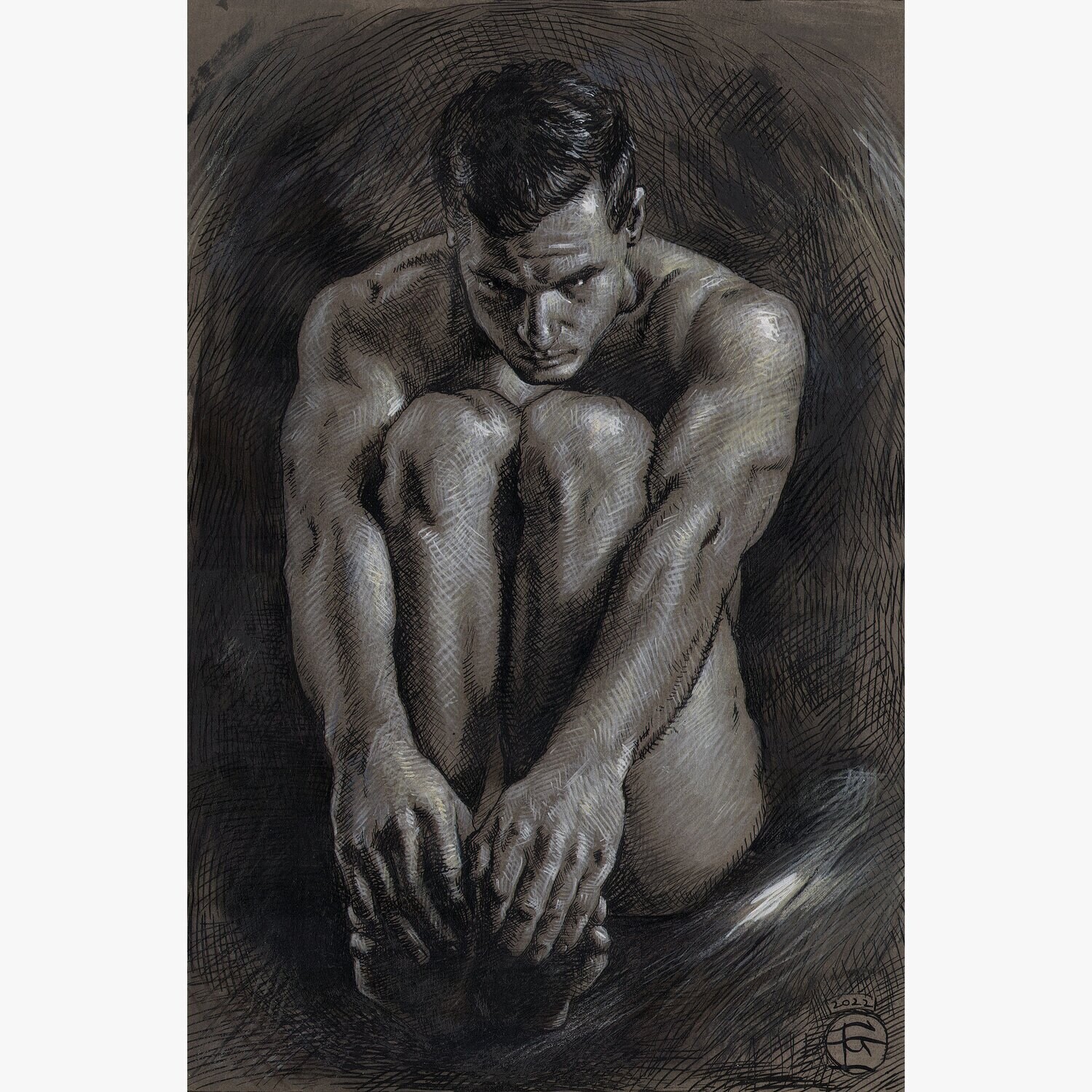 "Contained" Original Grisaille Work on Paper