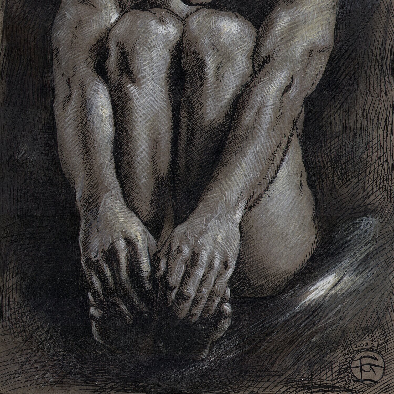 "Contained" Original Grisaille Work on Paper