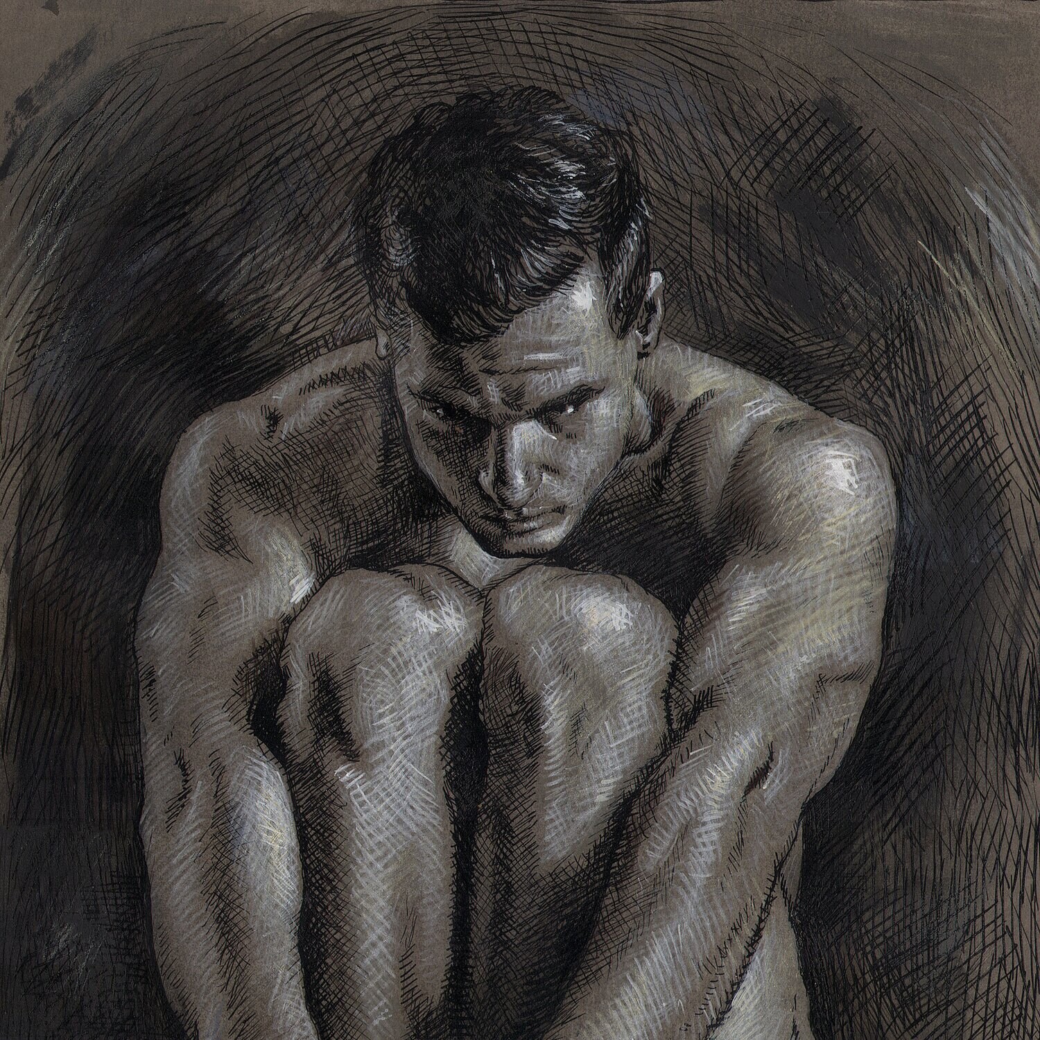 "Contained" Original Grisaille Work on Paper