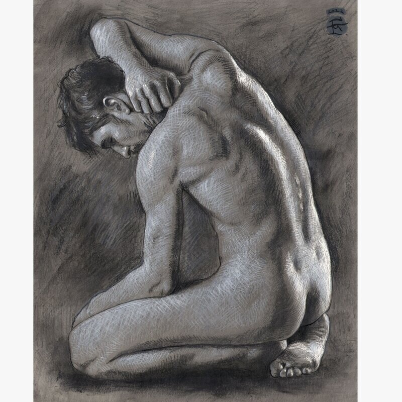 "The Thinker" Original Grisaille Drawing | Free Shipping Worldwide