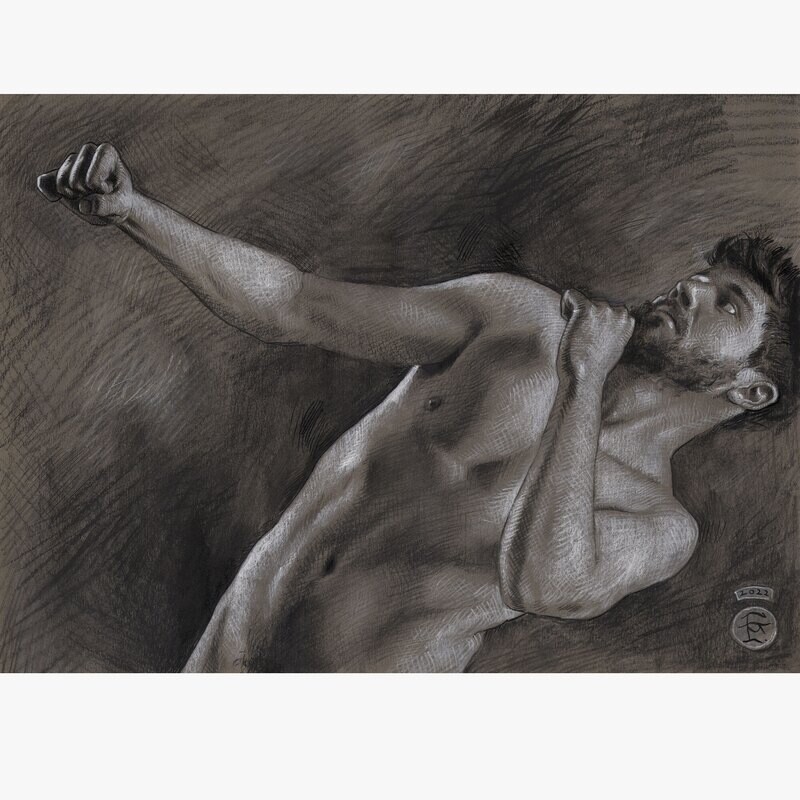 "The Grappling" Original Grisaille Work on Paper | Free Shipping Worldwide