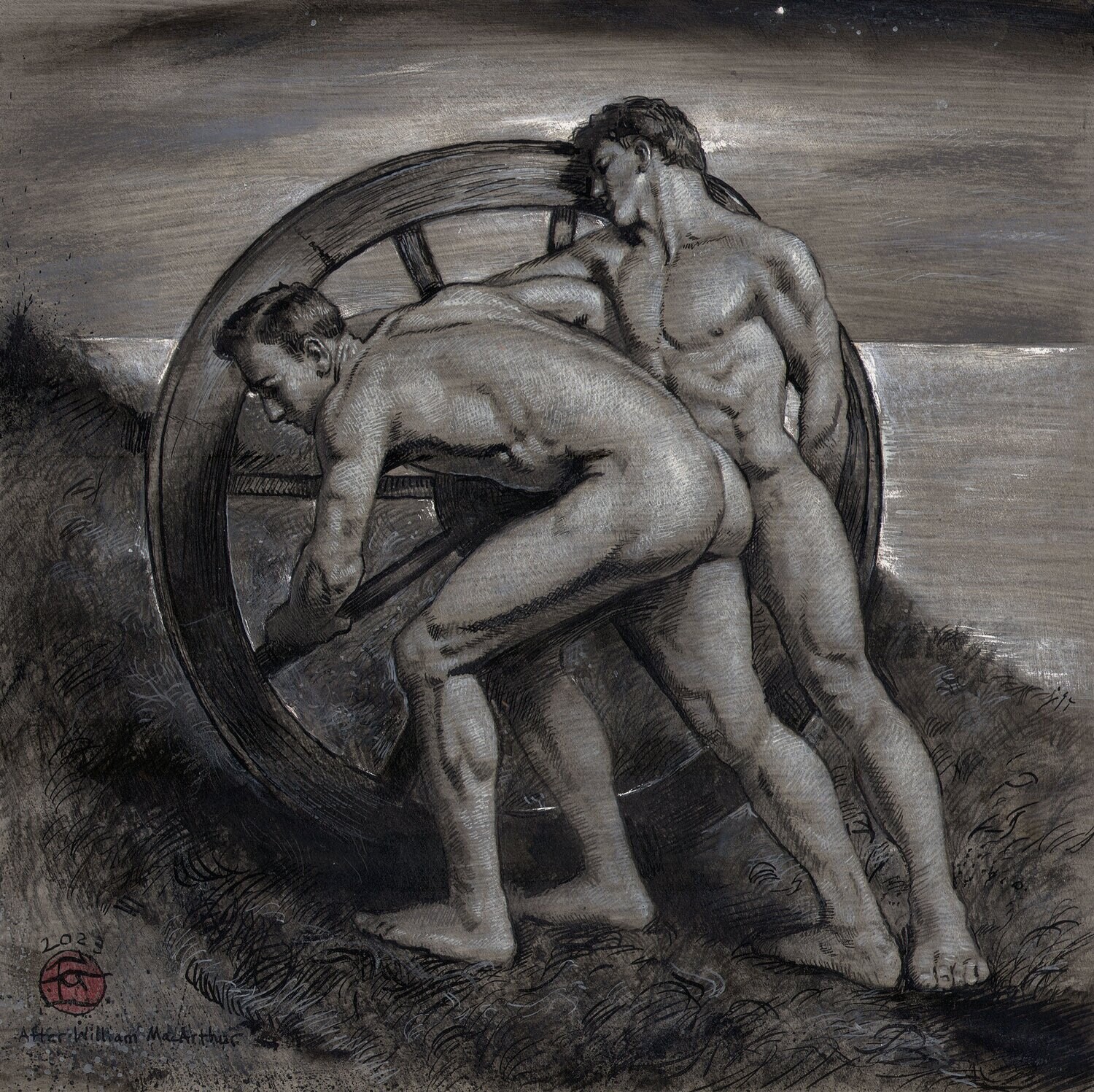 "The Wheel" Original Framed Grisaille Work on Paper | Free Shipping Worldwide