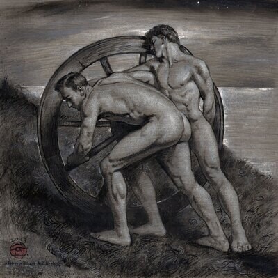 "The Wheel" Original Framed Grisaille Work on Paper | Free Shipping Worldwide