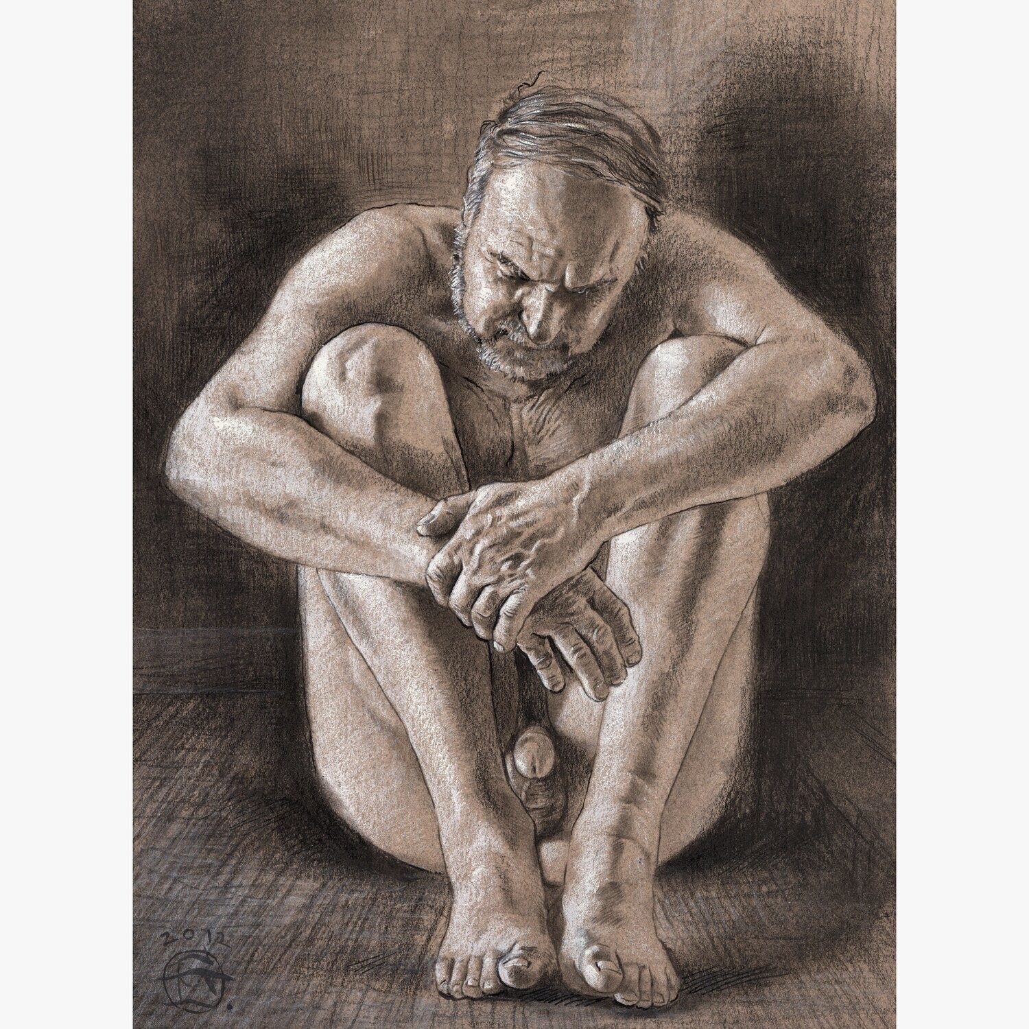 &quot;Seated Male Nude&quot; Original Grisaille Work on Paper | Free Shipping Worldwide