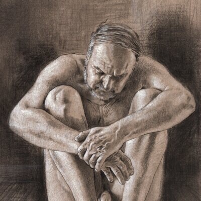 "Seated Male Nude" Original Grisaille Work on Paper | Free Shipping Worldwide
