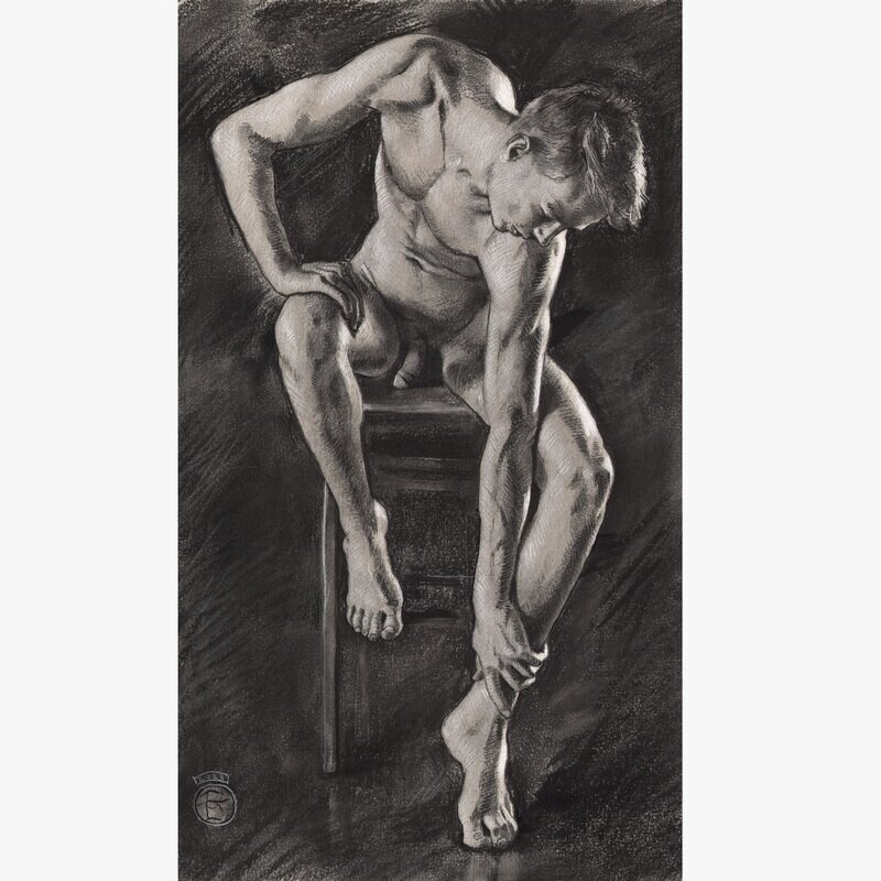 Male Nude | Original Grisaille Work on Paper | Free Shipping Worldwide