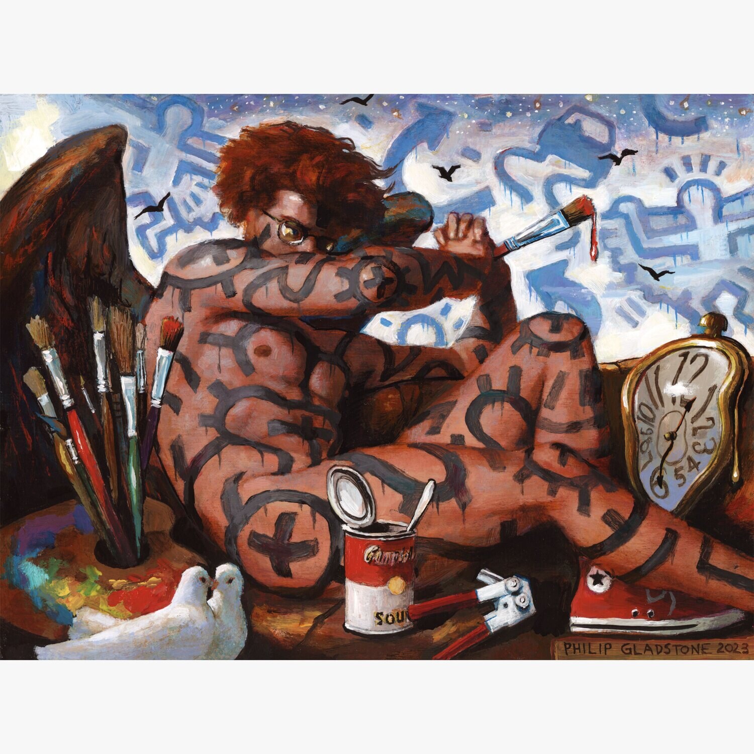 &quot;A Young Angel Falls to Earth and Tries in Vain to Make Some Sense of it All Through His Art (for Keith Haring)&quot; Original Painting on Panel | Free Shipping Worldwide