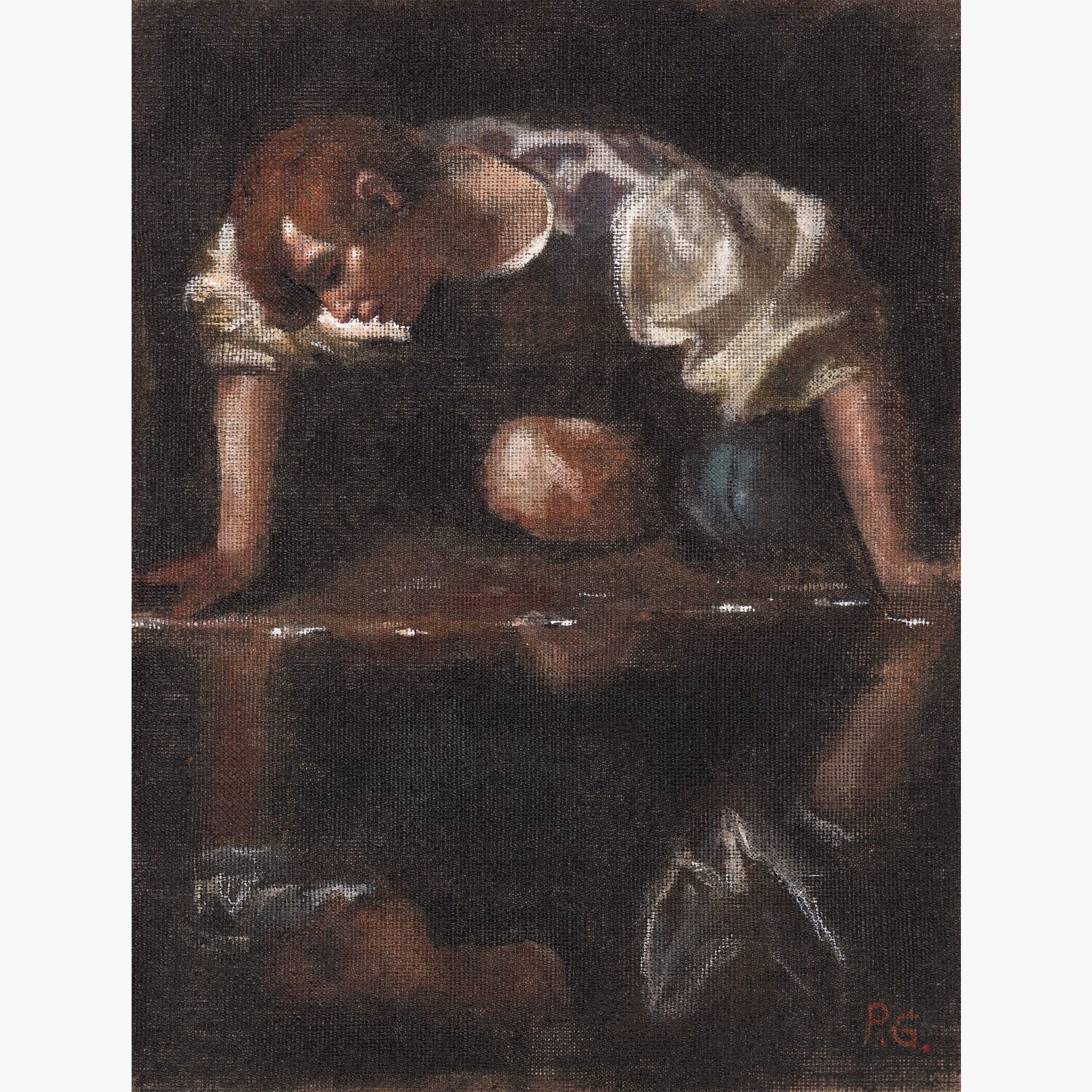"Narcissus" (Study after Caravaggio) Original Watercolor on Linen