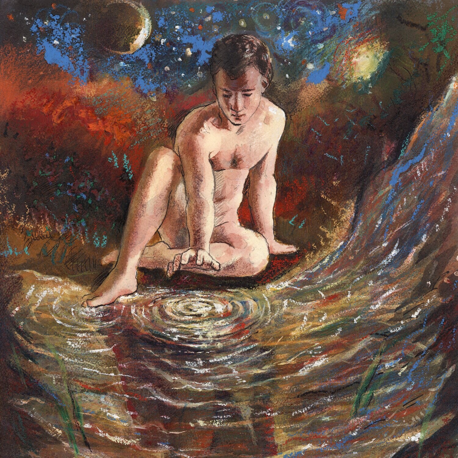 "Narcissus" Original Mixed-Media Work with Oil Pastel