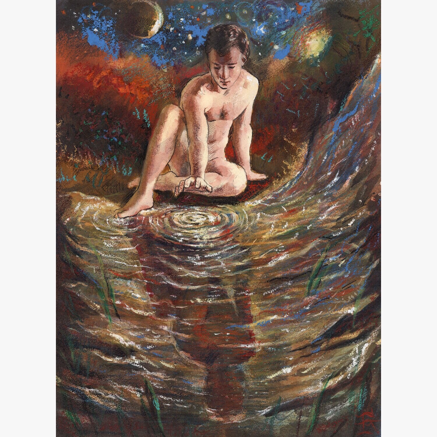 &quot;Narcissus&quot; Original Mixed-Media Work with Oil Pastel