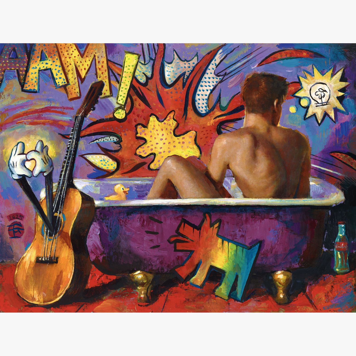 “The Songwriter, Who Thinks of His Best Melodies While in His Bath, Has an Idea for a Song of Love for a World Filled With Hate — Meanwhile, His Dog Is Filled Only With Love” “The Songwriter, Who Thinks of His Best Melodies While in His Bath, Has an Idea for a Song of Love for a World Filled With Hate — Meanwhile, His Dog Is Filled Only With Love”
