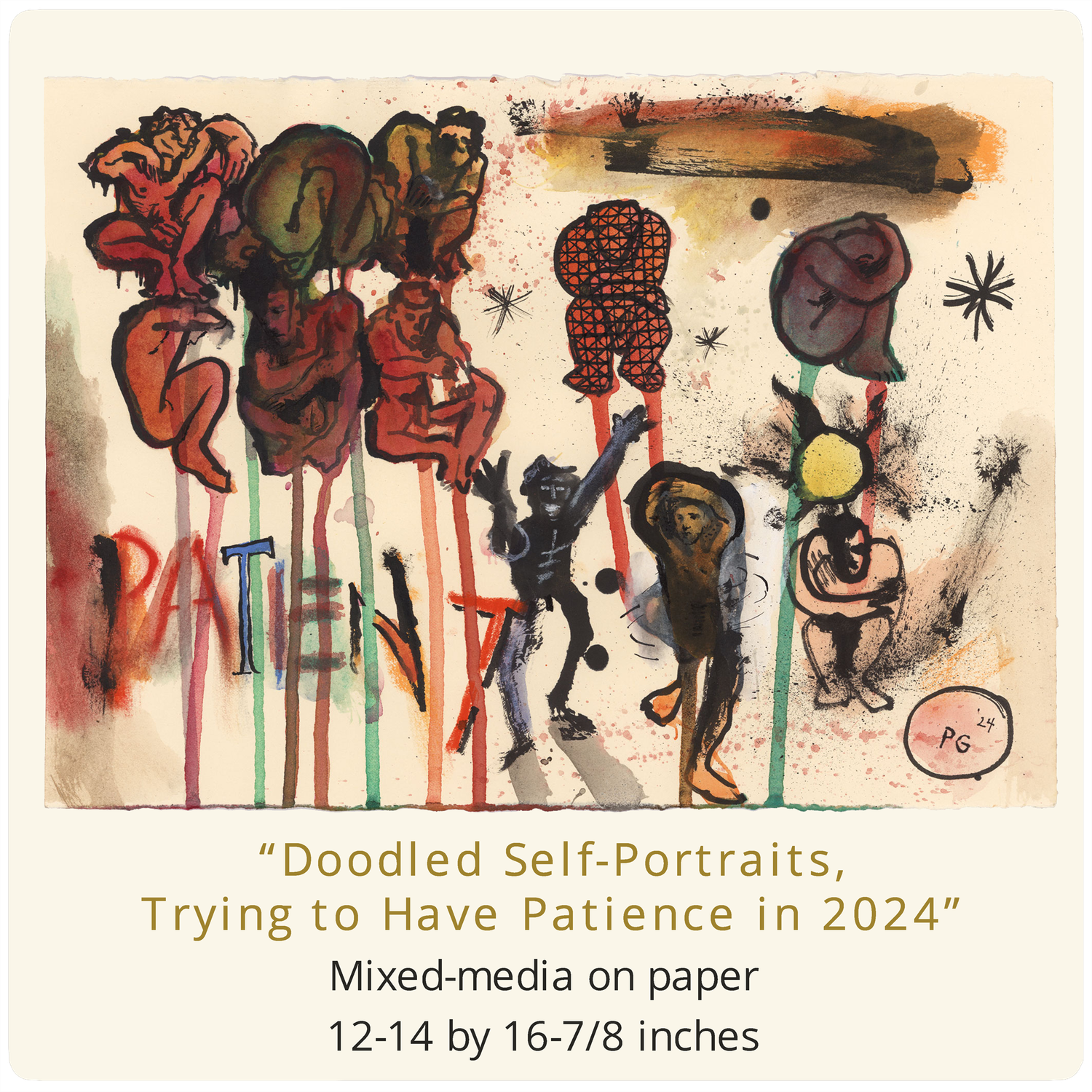 "Doodled Self-Portraits, Trying to Have Patience in 2024" Original Work