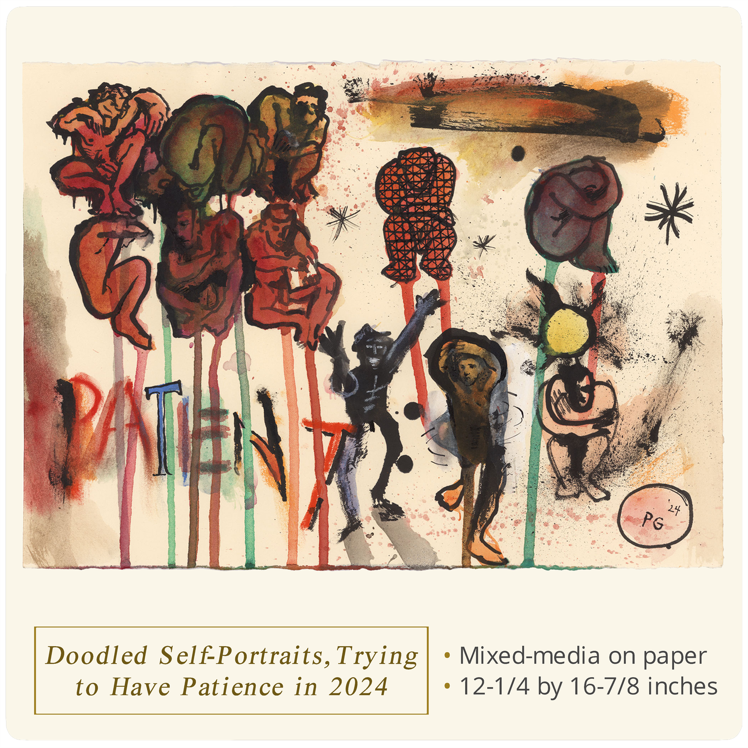 "Doodled Self-Portraits, Trying to Have Patience in 2024" Original Work