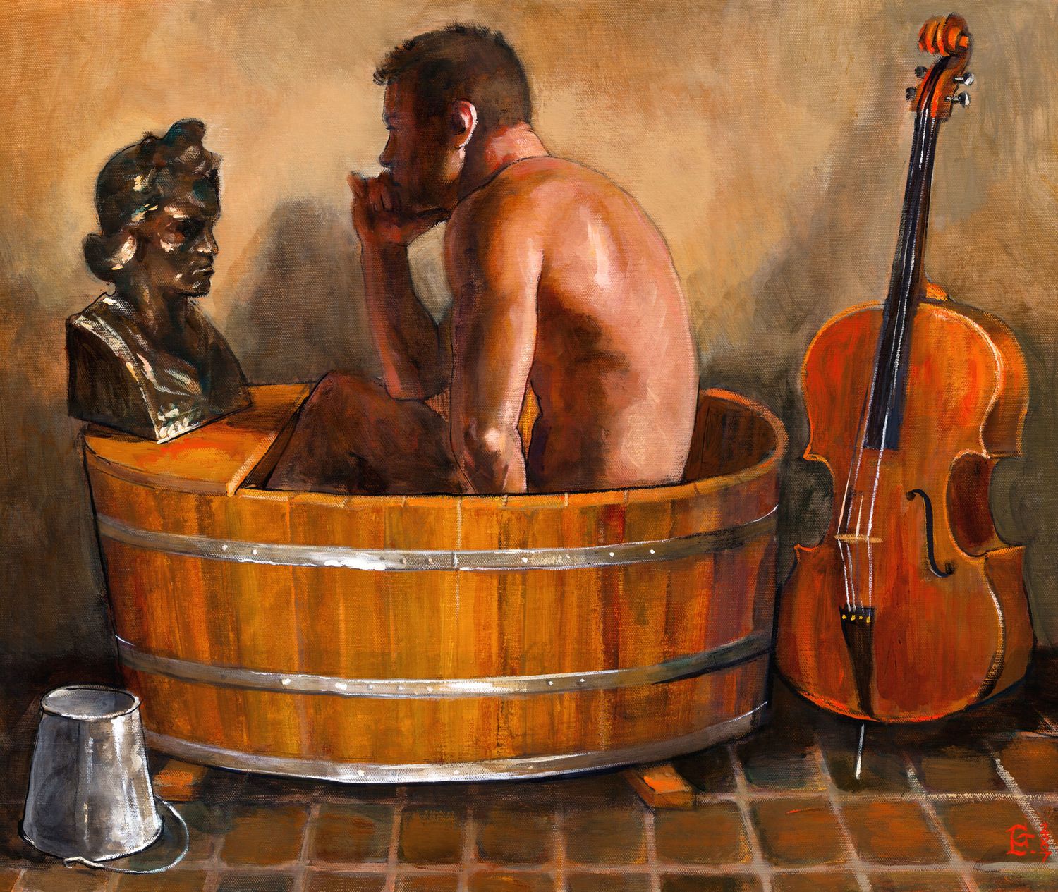 "A Cellist Contemplates a Bust of Beethoven in His Bath" Original Painting