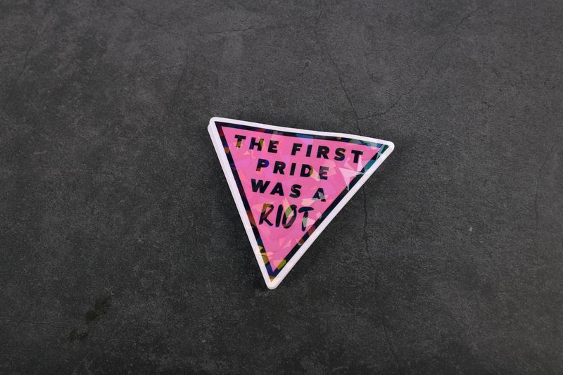 The First Pride Was a Riot LGBT Pride Protest Pink Triangle 3-inch Broken Glass Holographic 2 in Sticker Decal