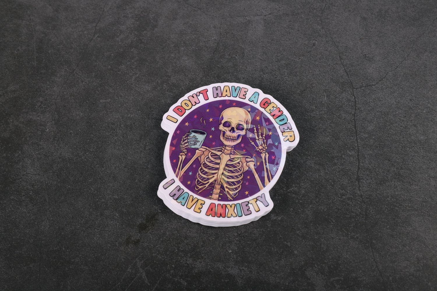 No Gender only Anxiety Skeleton LGBT Agender Nonbinary Trans Pride Funny 3-inch Broken Glass Holographic 2 in Sticker