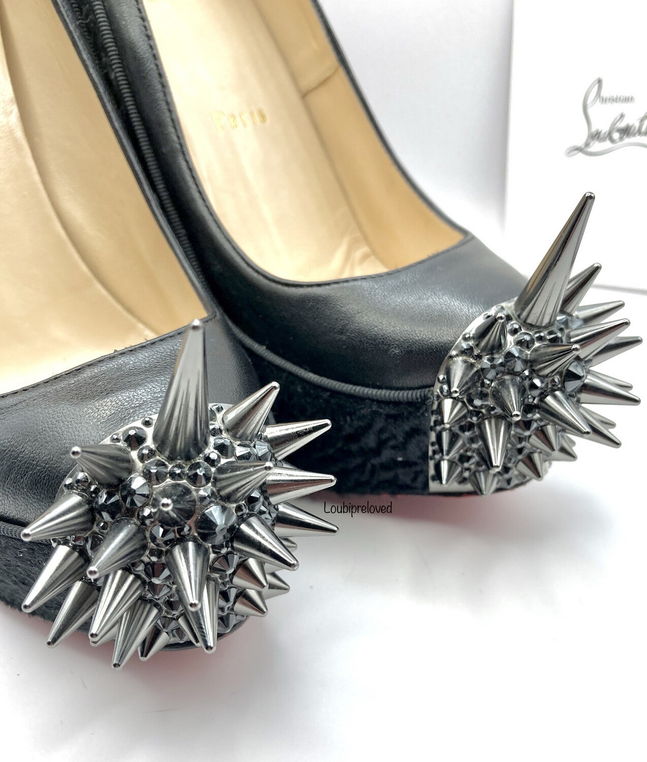 Christian Louboutin Simple Pump Asteroid 140 Black Leather Calf Asteroid Spikes Black Pony Hair UK 5 EU 38