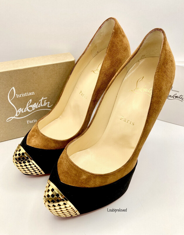 Christian Louboutin Maggie 140 Acajou/Black Veau Velour Chain Gold Cage Toe UK 5 (EU 38)