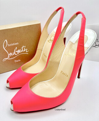 Christian Louboutin Peep Toe Sling Backs 120 Neon Pink/White Patent Leather Calf UK 5 (EU 38)