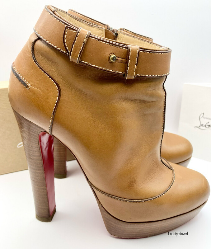 Christian Louboutin Ankle Platform Booty 130/30 Light Tan Leather Nappa Bloc Heel UK 5 (EUR 38)