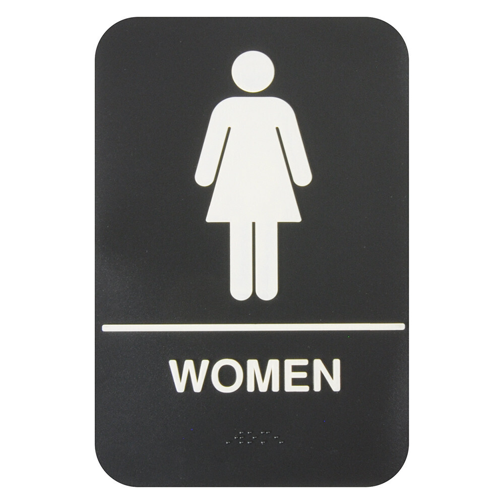 Thunder PLIS6951BK  Information Symbol Sign, 6&quot; x 9&quot;, &quot;Women&quot;, with braille, self adhesive backing, white lettering on black background