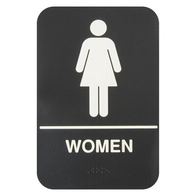 Thunder PLIS6951BK  Information Symbol Sign, 6&quot; x 9&quot;, &quot;Women&quot;, with braille, self adhesive backing, white lettering on black background