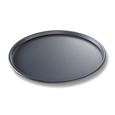 Chicago Metallic 49123 Thin Crust Pizza Pan, 12&quot; dia. x 3/8&quot; deep, hand wash only, 14 gauge hardcoat anodized aluminum, pre-seasoned, made in the USA with global materials