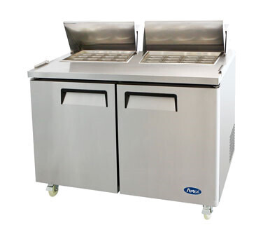 Atosa MSF8307GR  Atosa Sandwich/Salad Mega Top Refrigerator, two-section, 60-1/5&quot;W x 34&quot;D x 46-5/8&quot;H, includes (24) 1/6 stainless steel pans, rear-mounted, self-contained refrigeration, 17.2 cu. ft.,