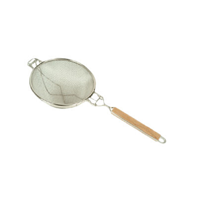 Thunder SLSTN3310R Strainer, 10-1/2&quot; dia., reinforced, double fine mesh, pan hooks, flat wooden handle, nickel plated frame