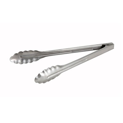 Winco UT-9HT  Utility Tongs, Scalloped Edge, Extra Heavy Weight, Stainless Steel, 9"