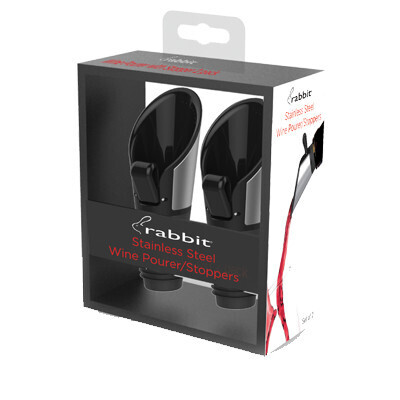 Taylor W6128N Rabbit Flipper Pourer/Stopper, air-tight wine stopper (flip to close), drip free pourer (flip to open), fits all bottle sizes, dishwasher safe, stainless steel, set of 2