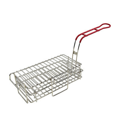 Winco FB-03 Chimichanga/Burrito Fry Basket, 11-1/2&quot;L x 6&quot;W x 3-7/8&quot;H (4-5/8&quot;H with hook), front and side hooks, with (2) hinged wire shelves, 8&quot; red plastic handle, 18/8 stainless steel