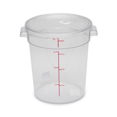 Winco PCRC-4 Food Storage Container, 4 qt., 7-3/8" x 8-1/2" x 8-1/4"H, round, stackable, temperature range: -40°F to 210°F, built-in handles, graduation markings in quarts &amp; liters, dishwasher safe, p