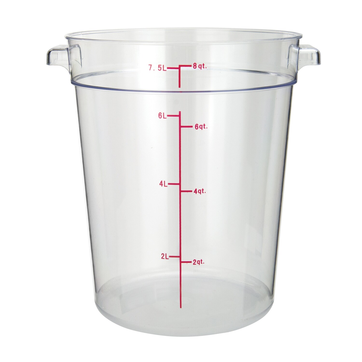 Winco PCRC-8 Food Storage Container, 8 qt., 8-15/16&quot; x 10-3/8&quot; x 10-3/4&quot;H, round, stackable, temperature range: -40°F to 210°F, built-in handles, graduation markings in quarts &amp; liters, dishwasher saf