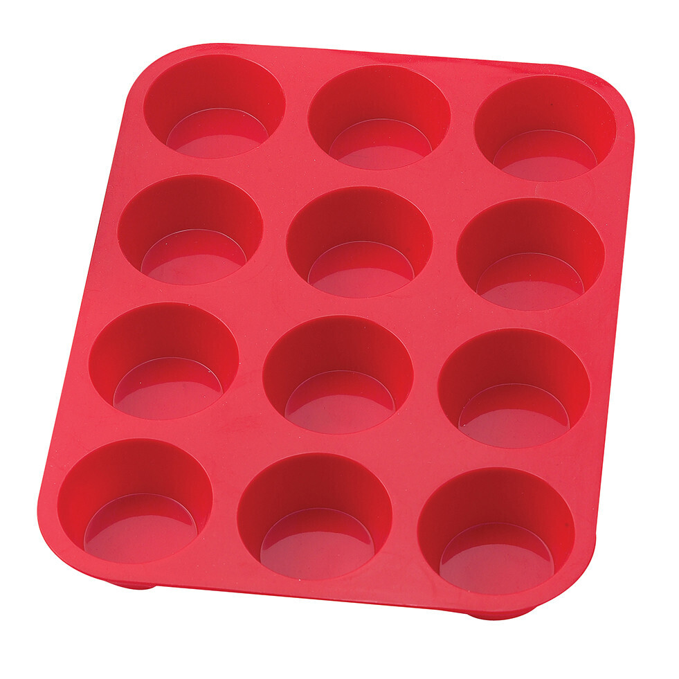 Harold Import 43630 Muffin Pan, 12 cup, 13-1/2&quot; x 10&quot; x 1-1/4&quot;, dishwasher safe, heat resistant to 500°F, meets FDA &amp; Euro standards, 100% silicone, red