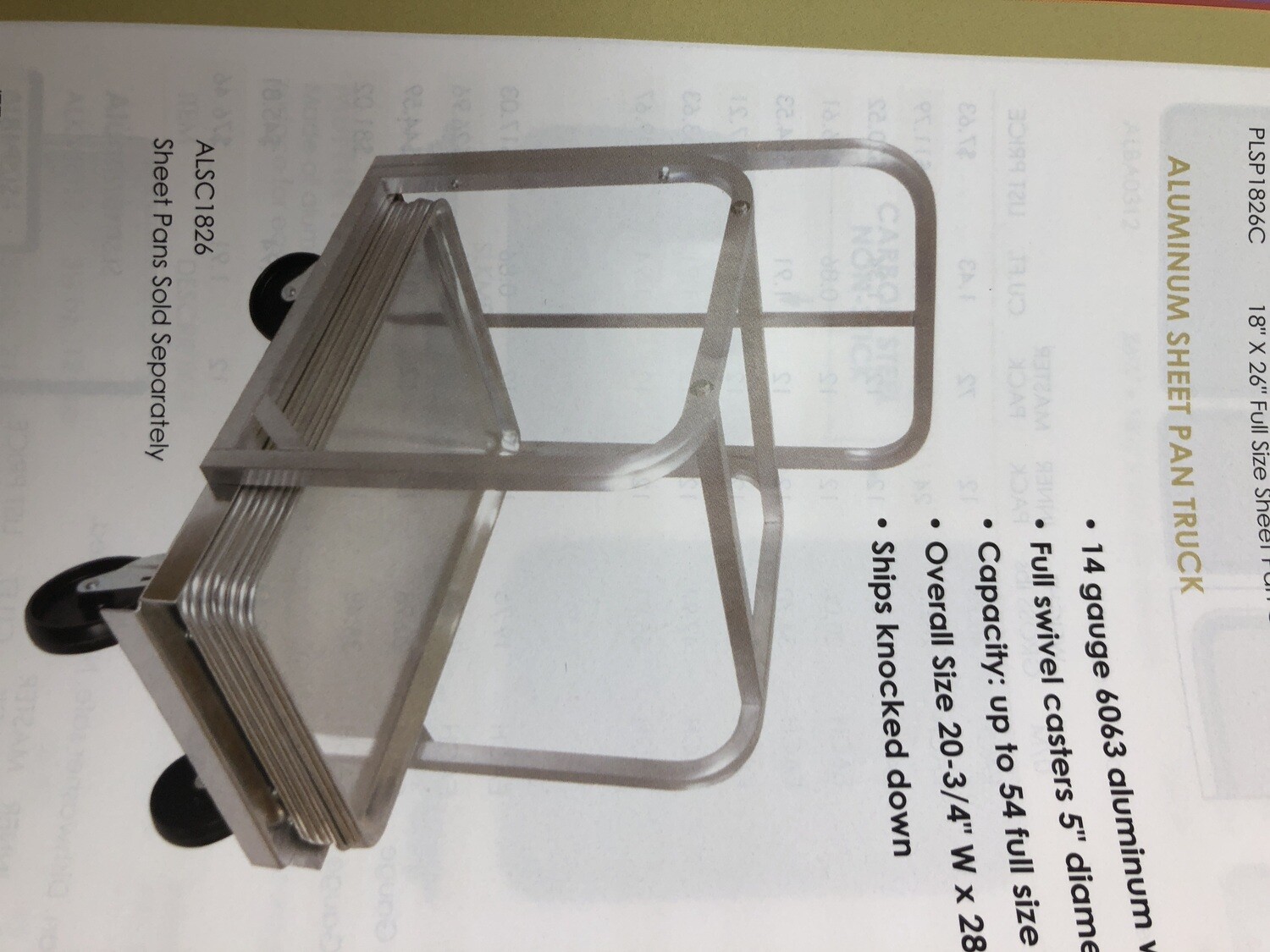 Thunder ALSC1826 Sheet Pan Truck, 20-3/4&quot; x 28-1/4&quot; x 33-3/8&quot;, holds (54) 18&quot; x 26&quot; pans or (108) 18&quot; x 13&quot; pans, 14 gauge aluminum, (4) 5&quot; swivel casters